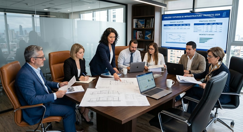 Equipo revisando estudios de avalúo e infraestructura en una sala de juntas